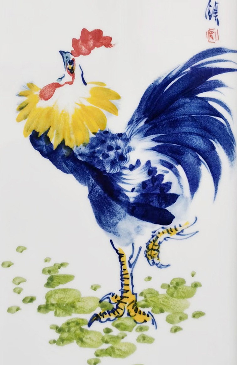 名家手绘公鸡四条屏瓷板画（大吉图）
