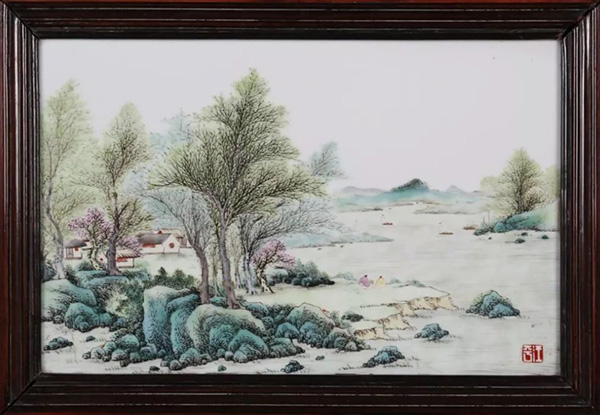 珠山八友汪野亭作品赏析双色框镶粉彩山水瓷板画中堂挂屏山高水长-Taobao Singapore