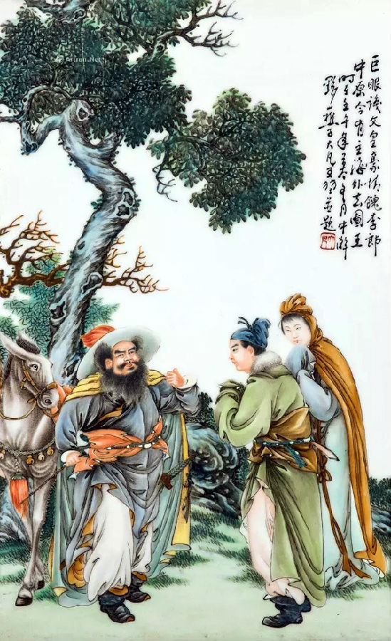 王大凡粉彩瓷板画《风尘三侠》