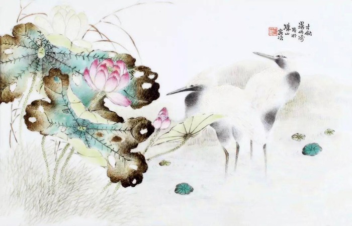 毕伯涛粉彩鹭鸶瓷板画