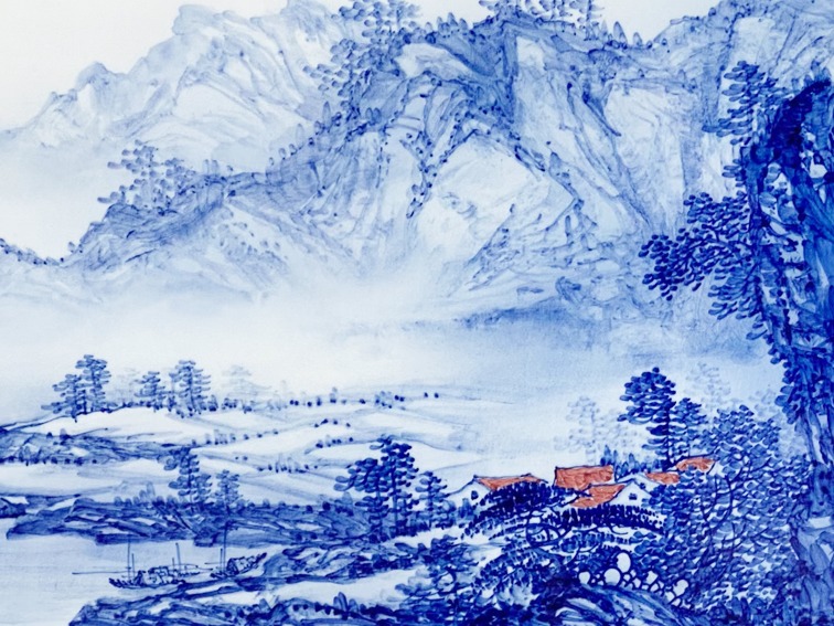 周惠胜手绘青花山水客厅装饰瓷板画