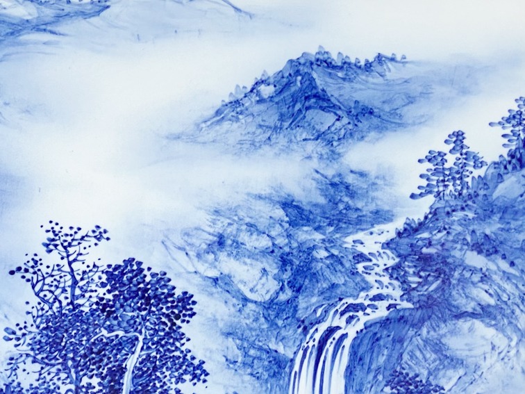 周惠胜手绘青花山水客厅装饰瓷板画