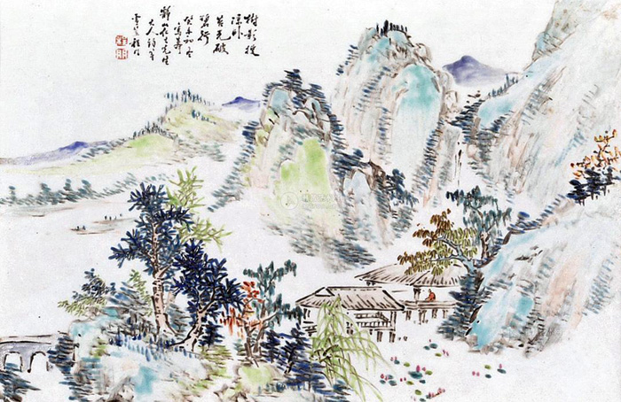 清 程门浅绛彩山水瓷画