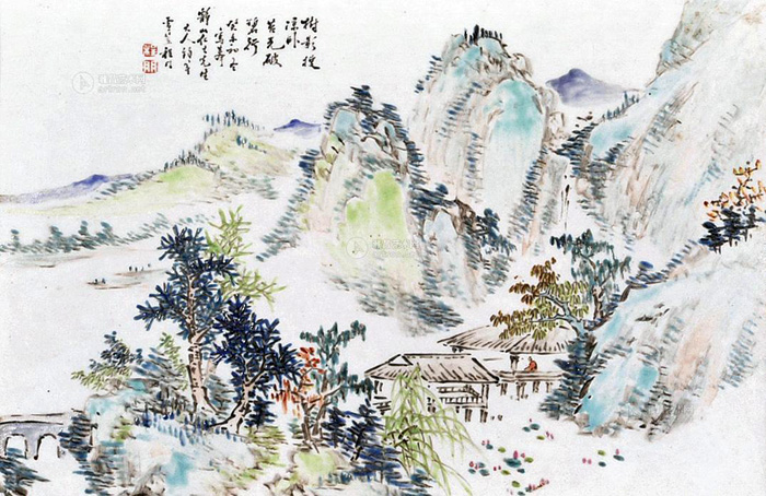 清程门浅绛彩山水瓷画