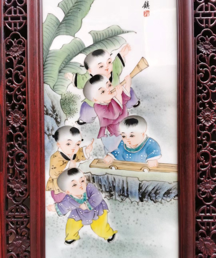 名家福全手绘童子条屏瓷板画（瓷器书画）