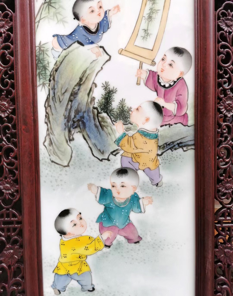名家福全手绘童子条屏瓷板画（瓷器书画）