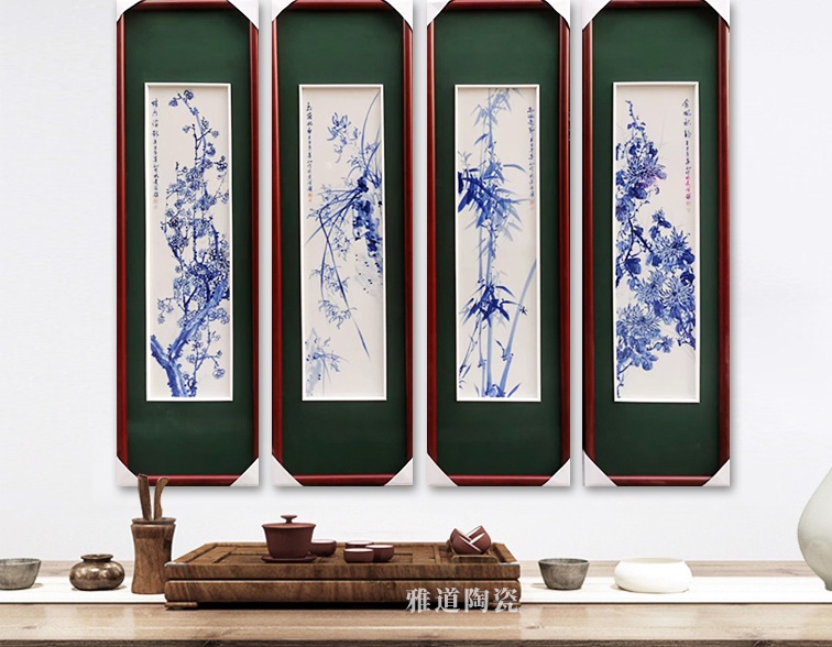 手绘青花四条屏瓷板画（梅兰竹菊）(图1)