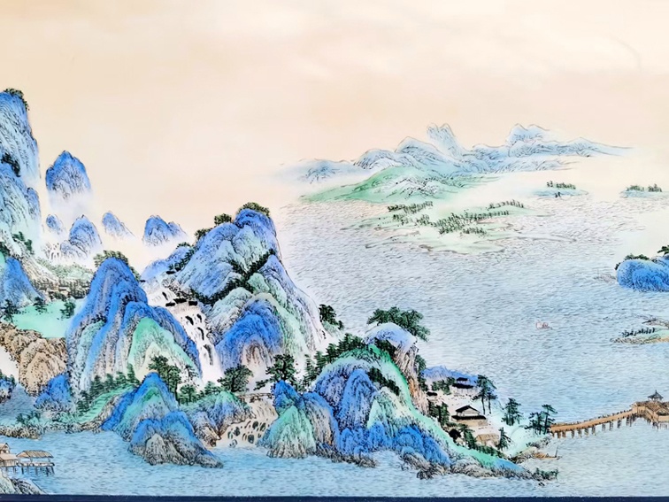 名家手绘山水瓷板画千里江山图(图5)