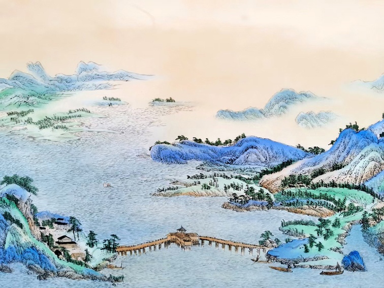 名家手绘山水瓷板画千里江山图(图4)